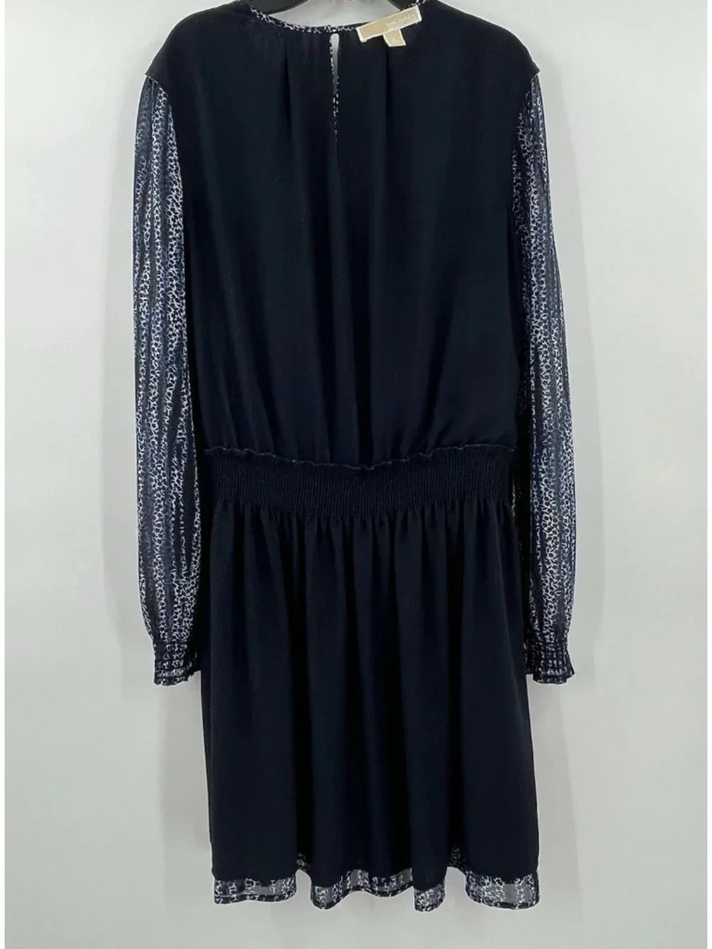 Michael Kors Georgette Smocked Lined Dress Printed Long Sleeve Womens Large Navy